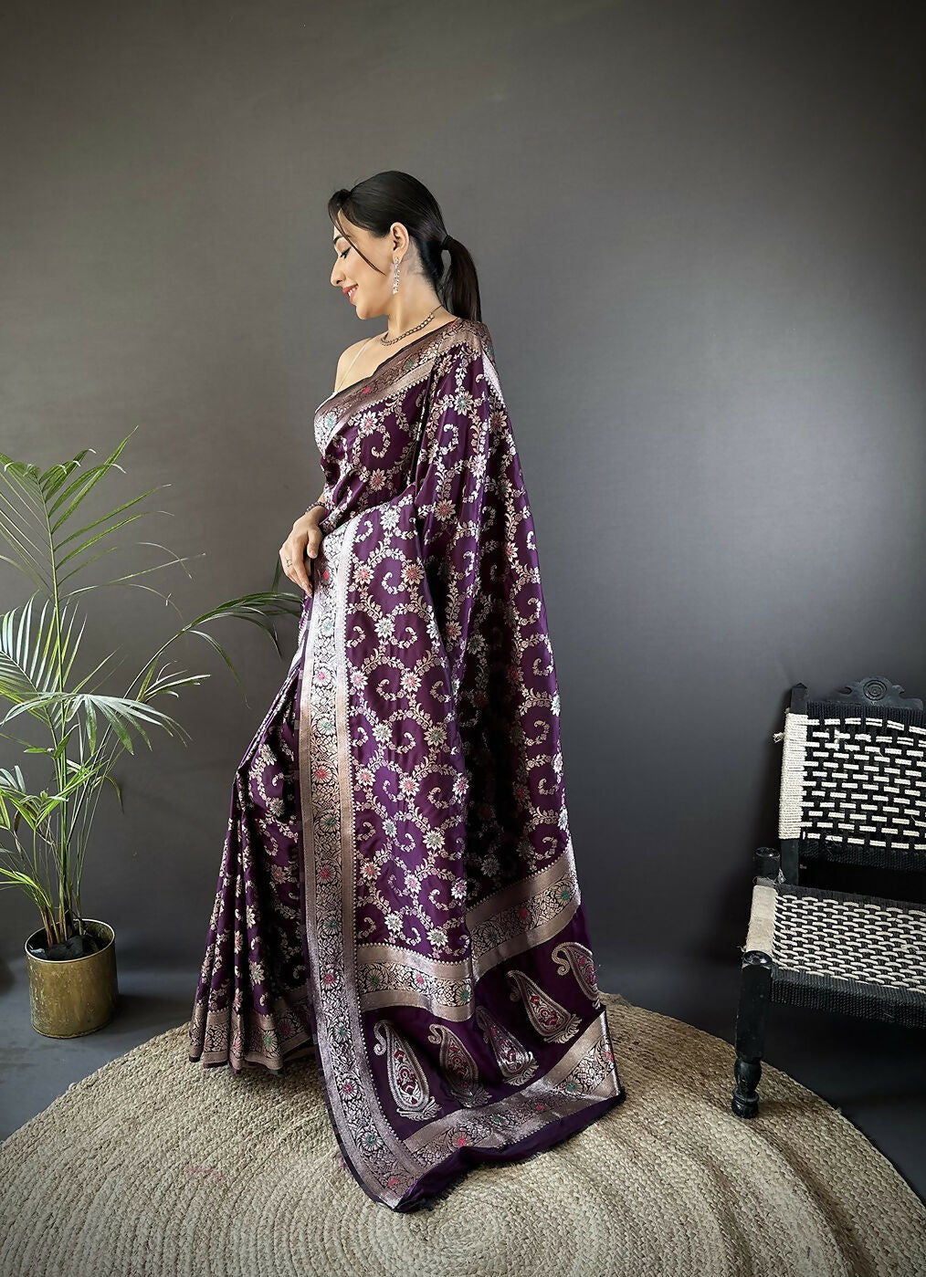 Joban Fashion Purple Meenakari Banarasi Silk Sarees