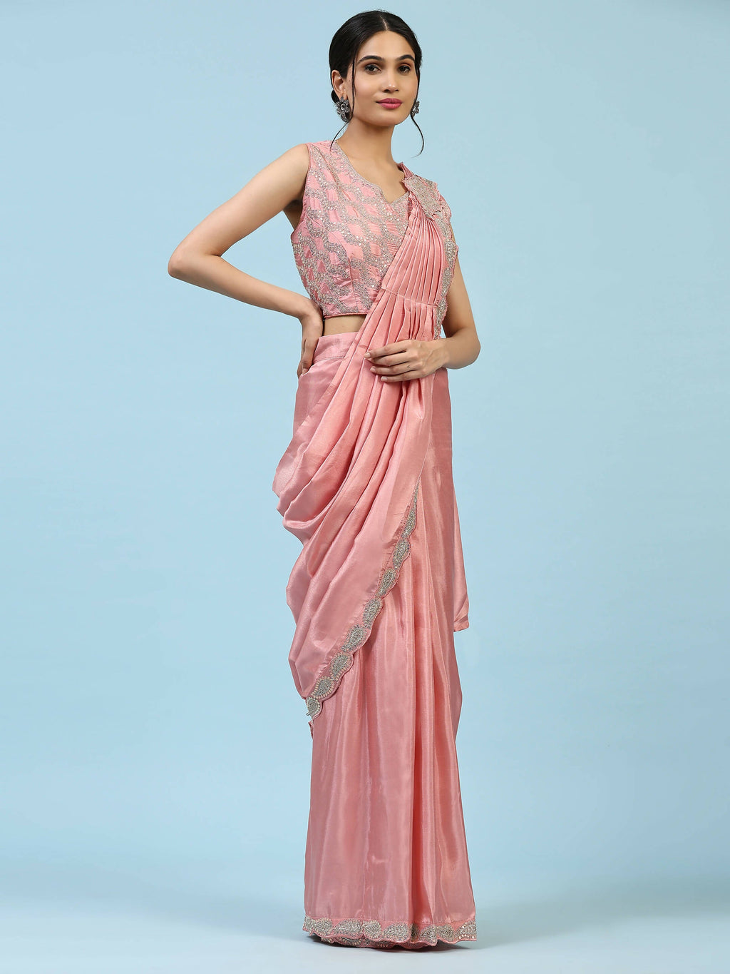 Peach Silk Satin Plain Ready to wear Saree with stitched Blouse - Vrinda