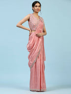 Peach Silk Satin Plain Ready to wear Saree with stitched Blouse - Vrinda
