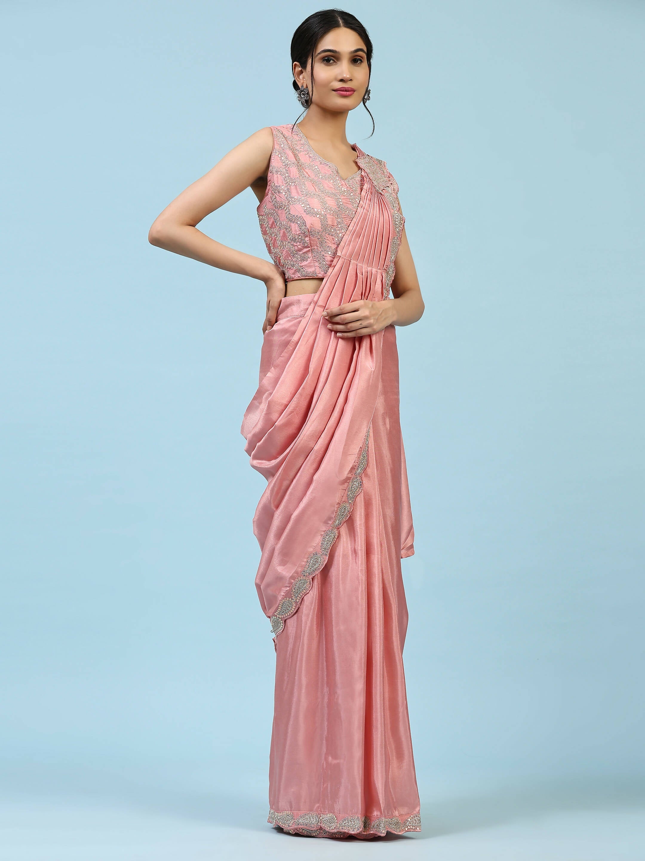 Peach Silk Satin Plain Ready to wear Saree with stitched Blouse - Vrinda