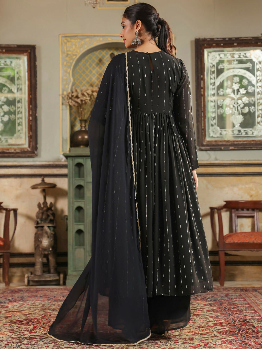 Janasya Black Georgette Foil Print Kurta,Bottom & Dupatta