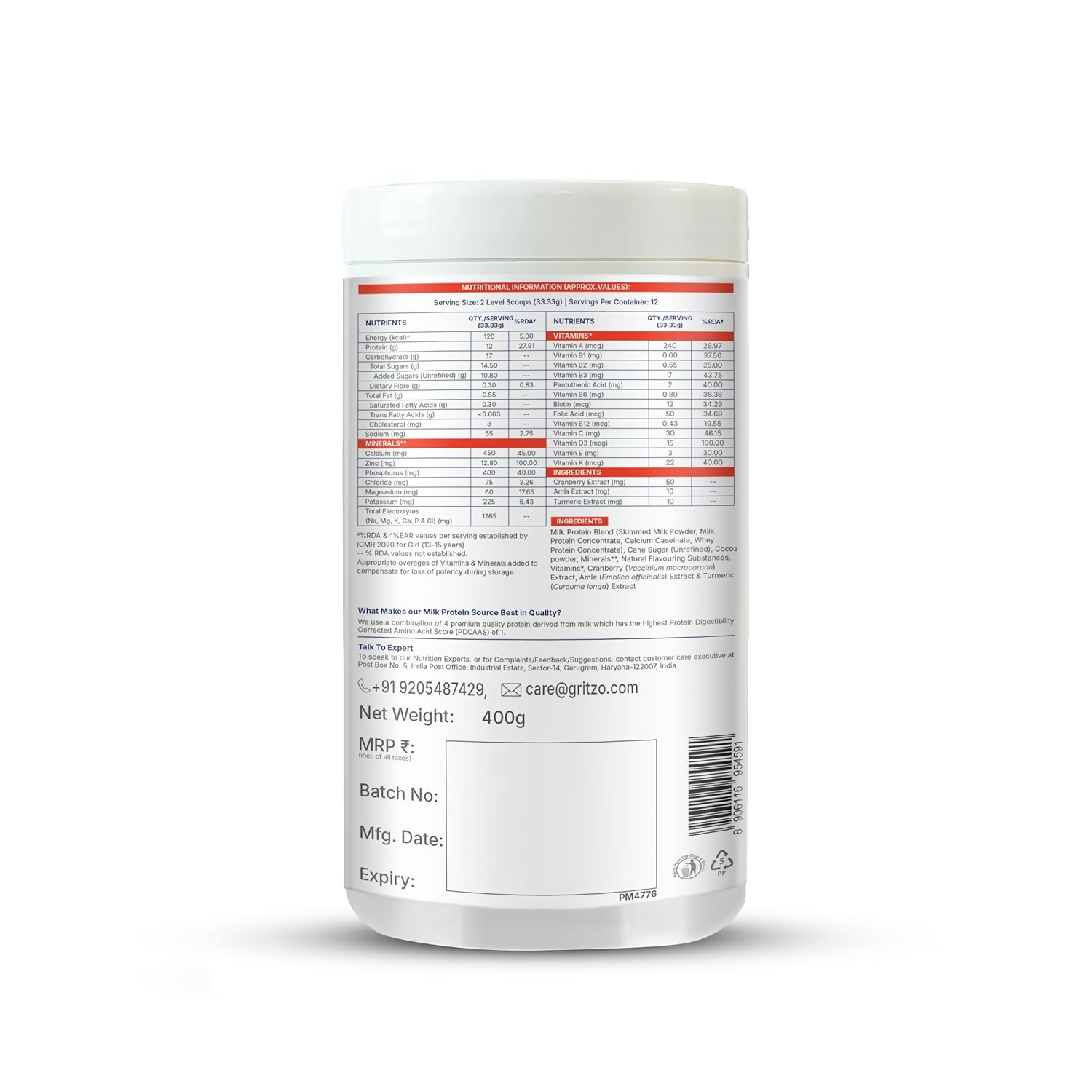 Gritzo SuperMilk Overall Growth (13+y Girls), 12g Protein Powder (Double Chocolate) - Distacart