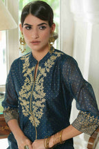 Juniper Blue Chanderi Festive Embroidered Polka Dot Printed A-Line Kurta For Women - Distacart