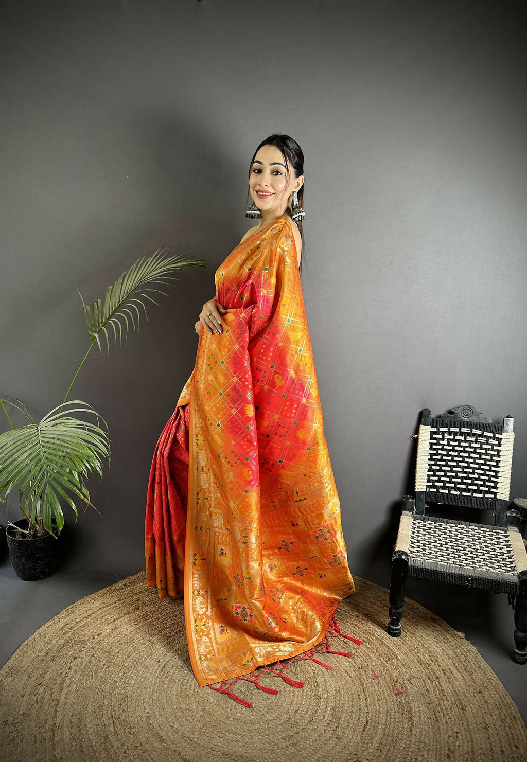 Joban Fashion Pastel Orange Geometric Pattern Soft Silk Patola Saree - Distacart
