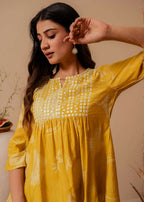Juniper Mustard Ethnic Motifs Viscose Tunic With Thread Work And Mirror Detailing - Distacart