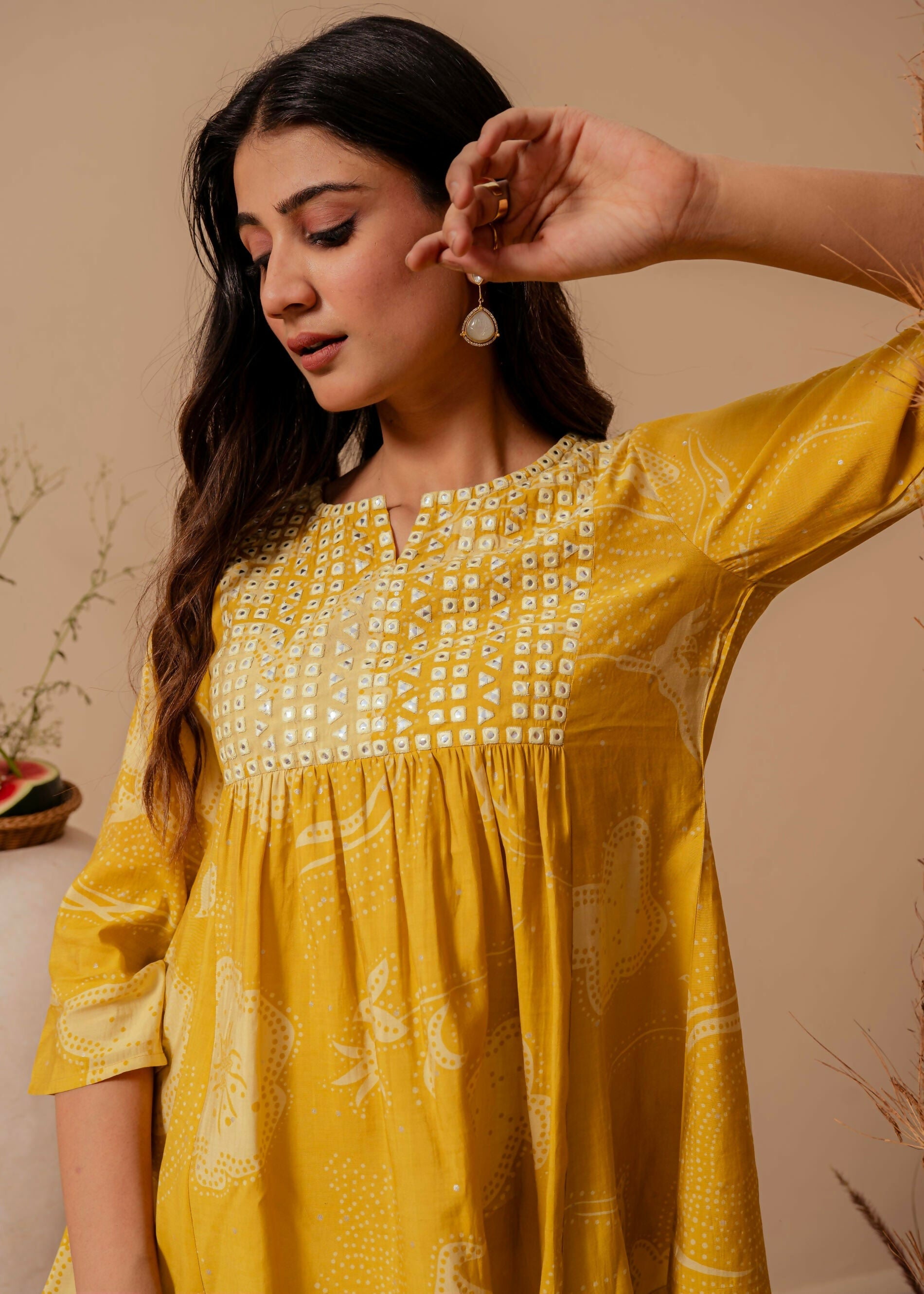 Juniper Mustard Ethnic Motifs Viscose Tunic With Thread Work And Mirror Detailing - Distacart