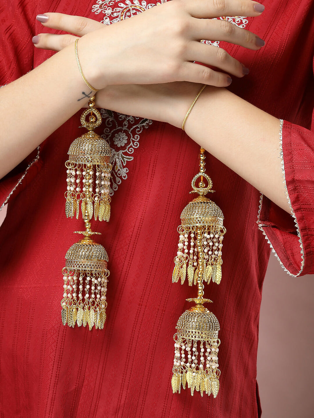 NVR Women's Pack Of 2 Gold-Polished Stone Studded Bridal Layered Kaleera Sets - Distacart