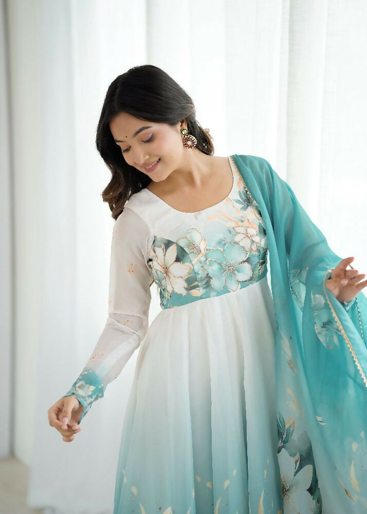 Joban Fashion Aqua Blue Kurta Set Organza Sequin Embroidery Work - Distacart