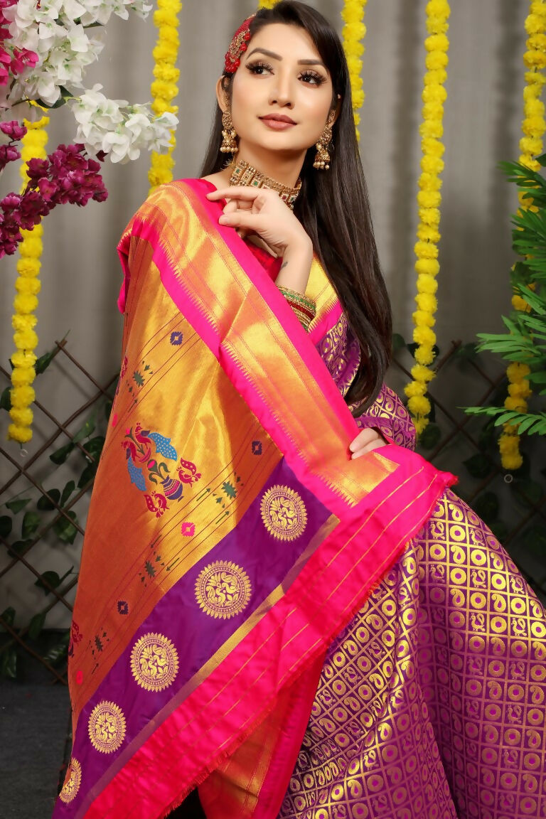 Jyoti Fashion Women's Purple Banarasi Silk Zari Woven Saree with Blouse