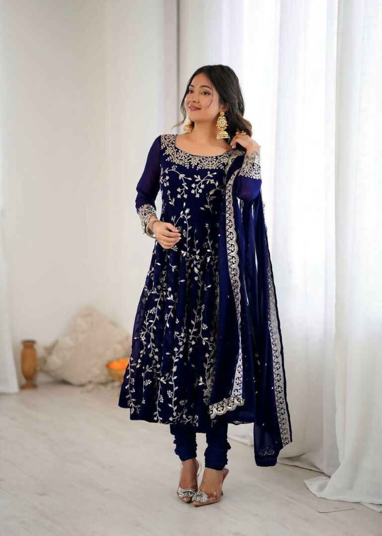 Teeya Creation Blue Color Heavy Faux Georgette Embroidery Work Gown - Distacart