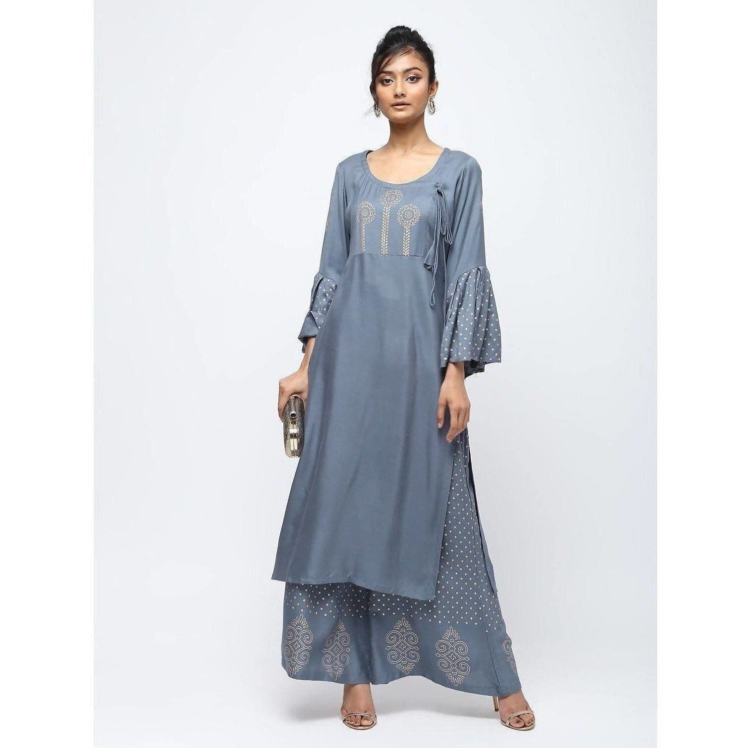 Cheera Flair Kurta With Bell Sleeve Design And Straight Polkadoit Print Plazo