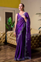 Vastranavya Purple-Blue Embroidery Work Shimmer Chiffon Saree with Unstitched Blouse - Distacart