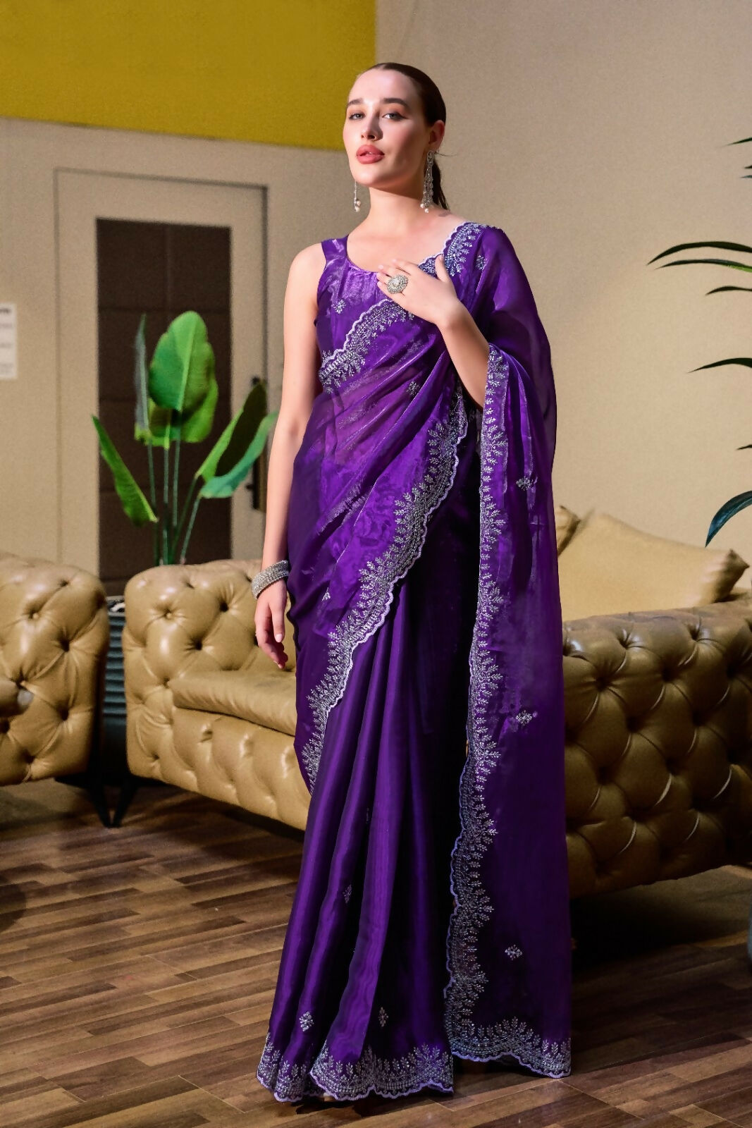 Vastranavya Purple-Blue Embroidery Work Shimmer Chiffon Saree with Unstitched Blouse - Distacart