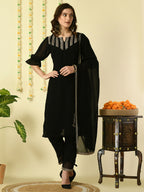 Myshka Women's Black Georgette Kurta & Trousers With Dupatta Party Sets