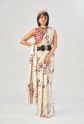 Vastranavya White Satin Silk Elegant Printed Saree with Unstitched Blouse - Distacart