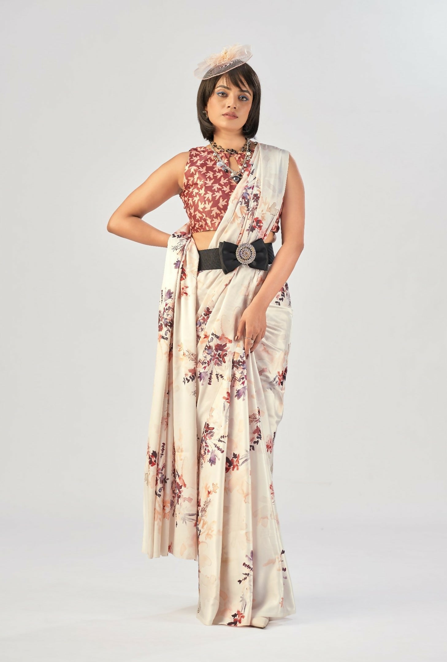Vastranavya White Satin Silk Elegant Printed Saree with Unstitched Blouse - Distacart