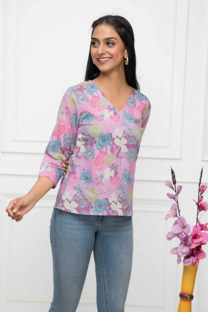 Myshka Women Multi Floral V-Neck Regular Sleeves Viscose Rayon Top - Distacart