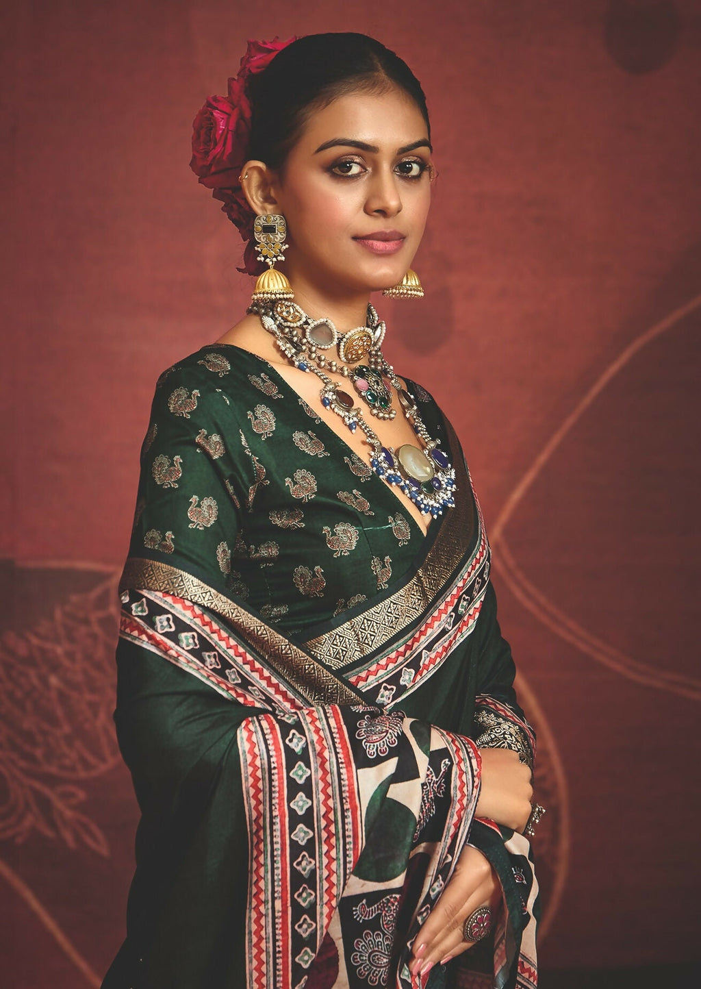 Joban Fashion Green Art Silk With Fine Viscose Border Ajrak Full Body Print With Soft Finish Saree - Distacart