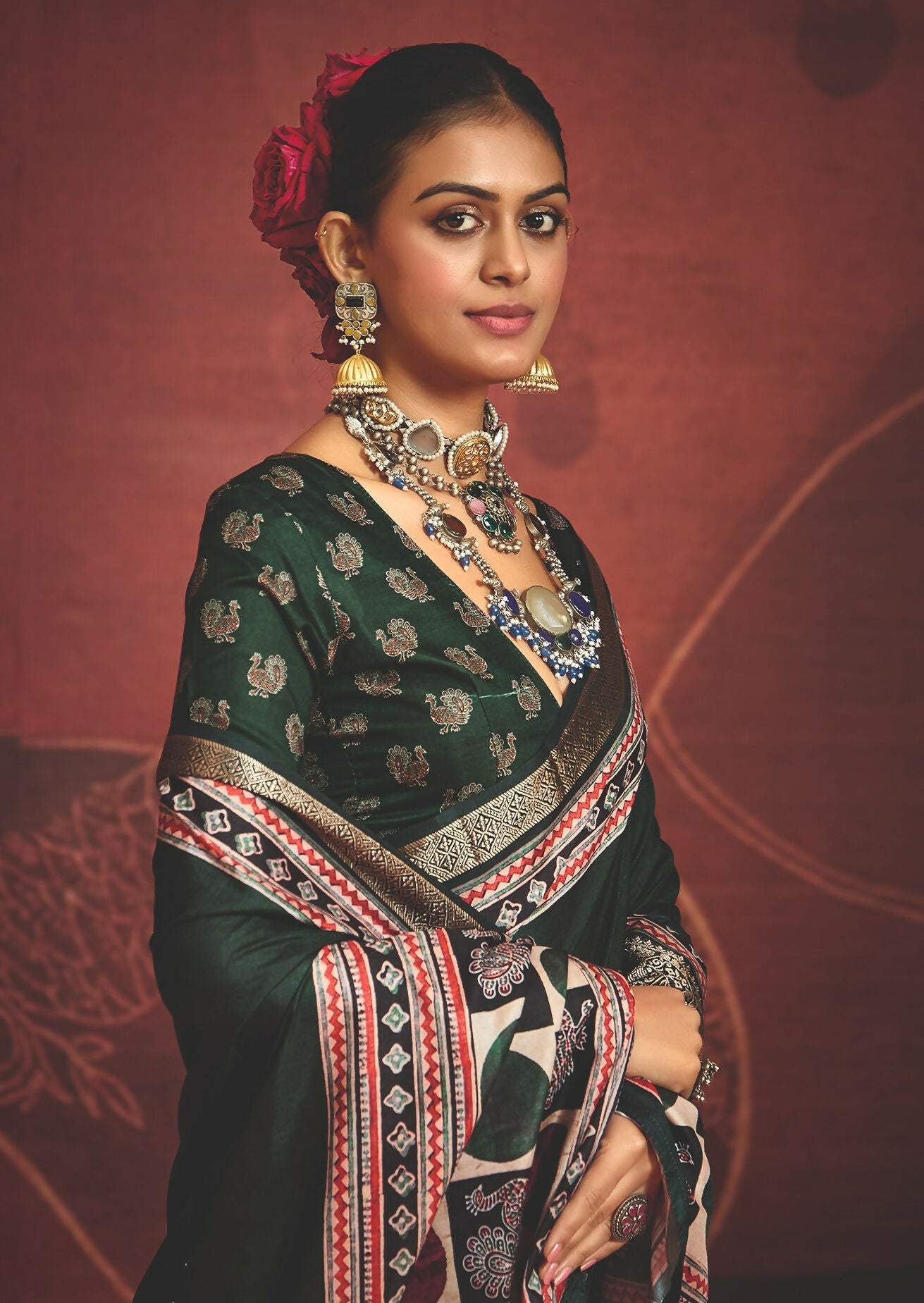 Joban Fashion Green Art Silk With Fine Viscose Border Ajrak Full Body Print With Soft Finish Saree - Distacart