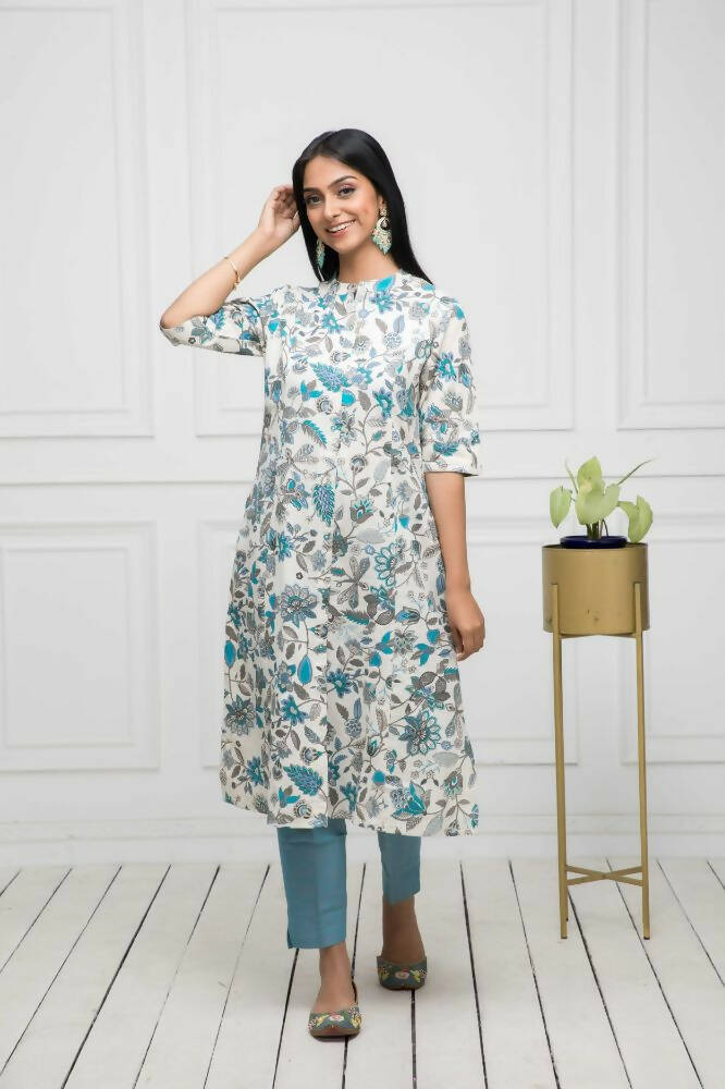 Myshka Women Multi Floral Cotton A-Line Mandarin Collar Kurtas - Distacart