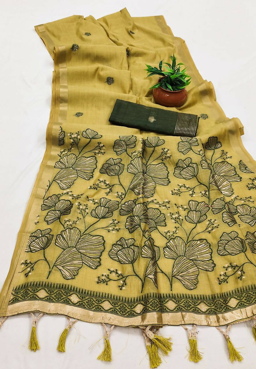 Vastranavya Yellow Muga Cotton Meenakari & Azarakh Pallu Saree with Contrast Blouse - Distacart