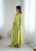 Teeya Creation Pista Green Color Heavy Crunchy Silk Embroidery Work Gown - Distacart