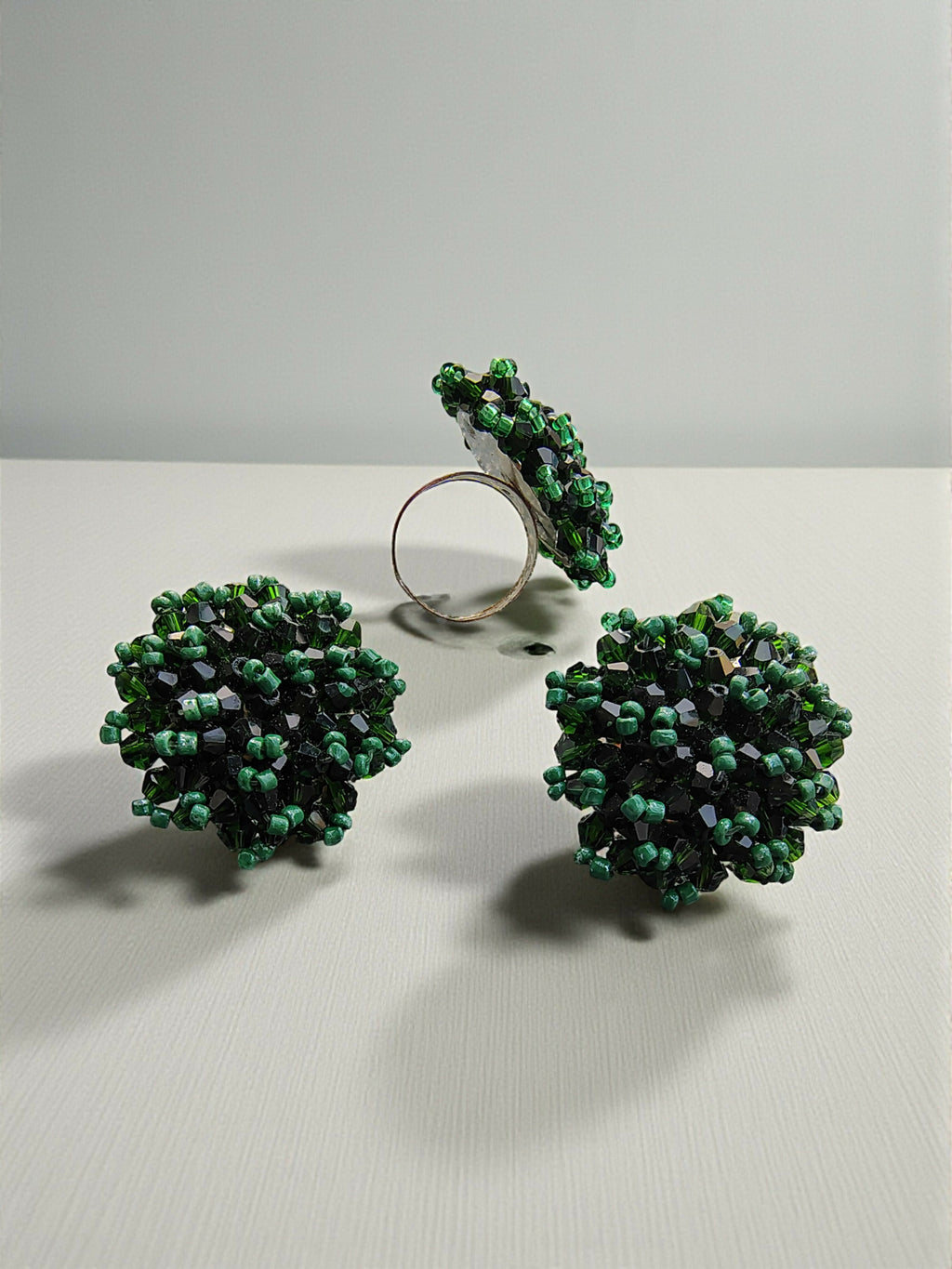 Inhanns Rangmani Crystal Duo – Adjustable Ring + Statement Earrings Set - Dark Green - Distacart