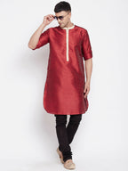 Even Apparels Red Art Silk Men's Kurta With Contrast Collar And Placket - Distacart