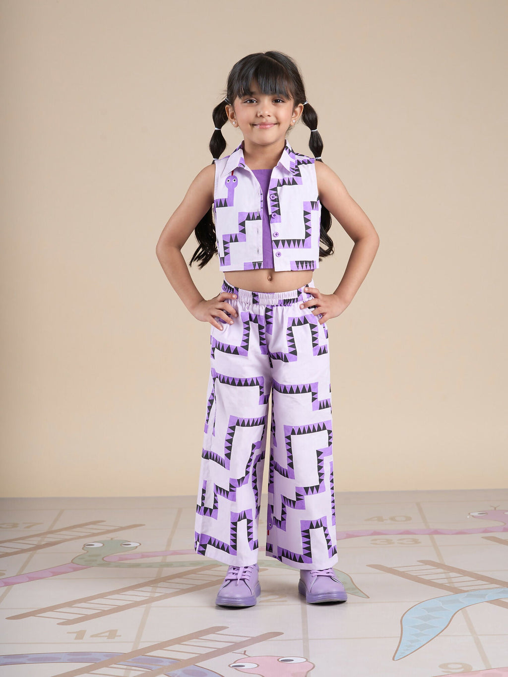 Snakes and Ladders Girls Purple Table Print Top and Pant Set from Siblings Collection