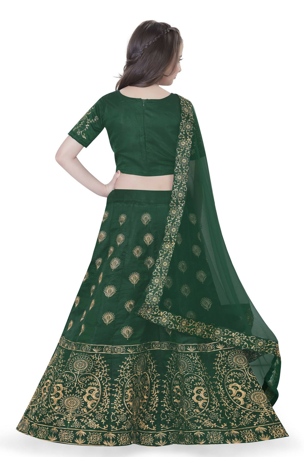 Dwiden Green Gulab Tafetta Sattin Semi-Stitched Girl'S Lehenga Choli