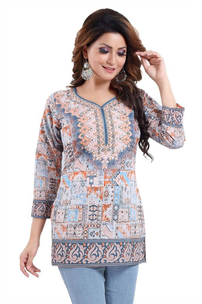 Snehal Creations Phenomenal Blue Faux Crepe Printed Tunic Top