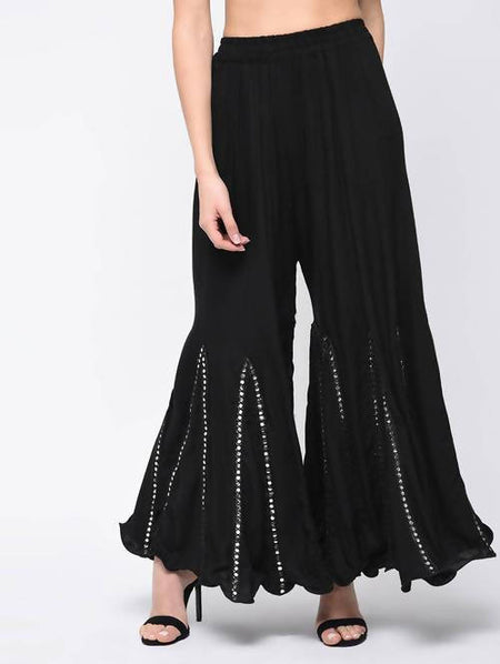 Mominos Fashion Black Viscose Rayon Flared Palazzo with Mirror Lace Work