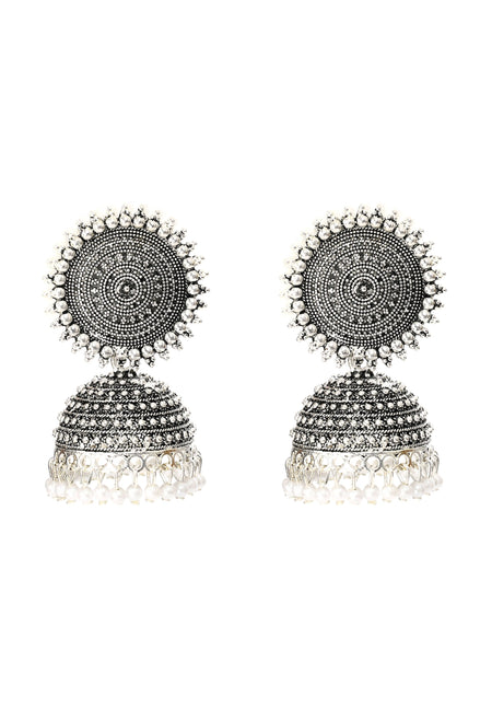Mominos Fashion Johar Kamal Silver Color Jhumkas With White Pearls Earrings
