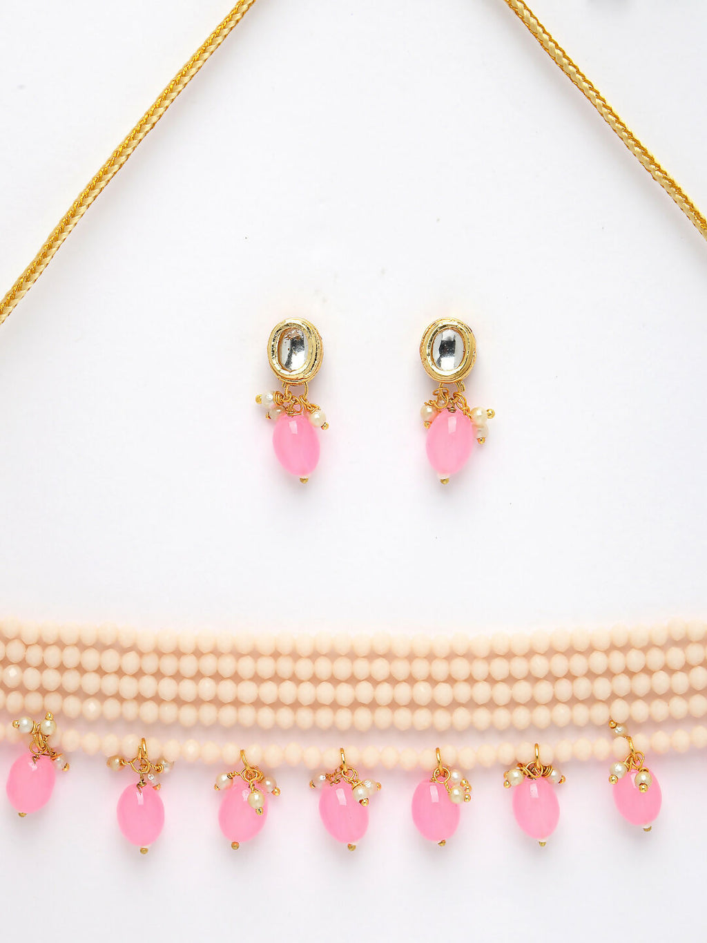 NVR Women's Pink Artificial Beads Layered Necklace with Drop Earring