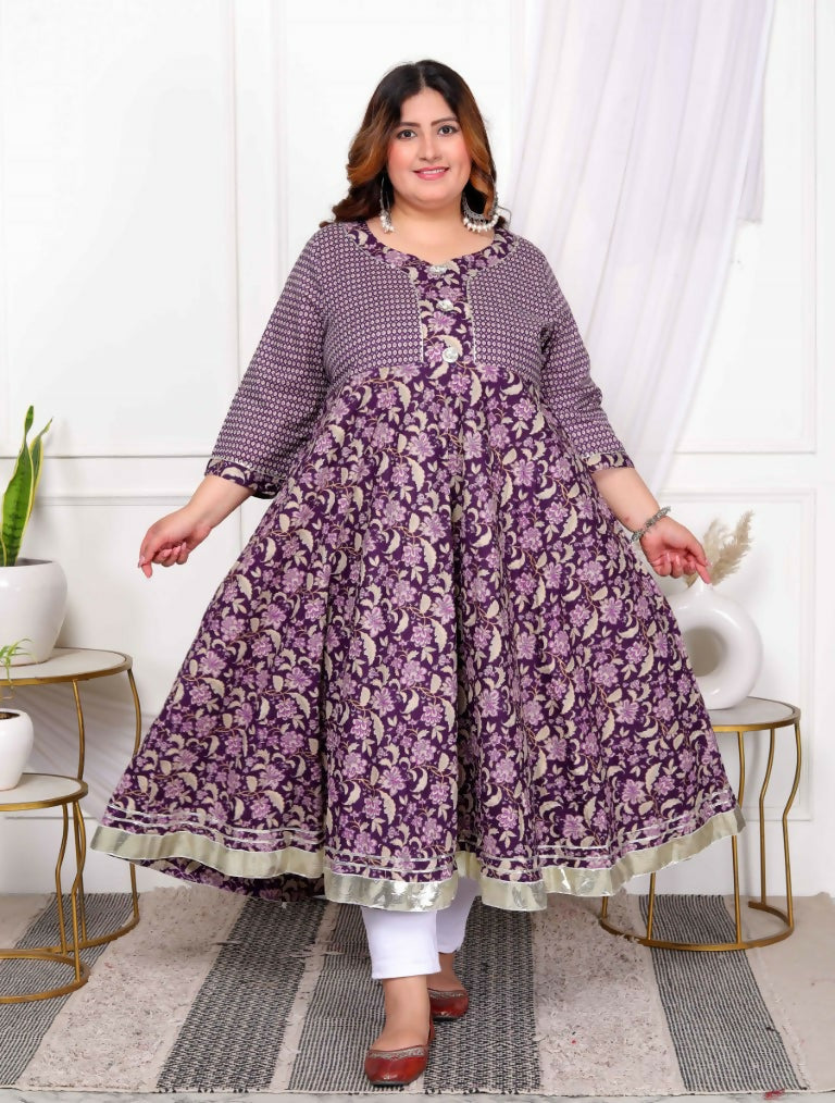 Miravan Women's Plus Size Purple cotton Floral Gota Lace Work Anarkali Kurta