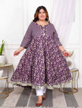 Miravan Women's Plus Size Purple cotton Floral Gota Lace Work Anarkali Kurta
