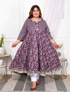 Miravan Women's Plus Size Purple cotton Floral Gota Lace Work Anarkali Kurta