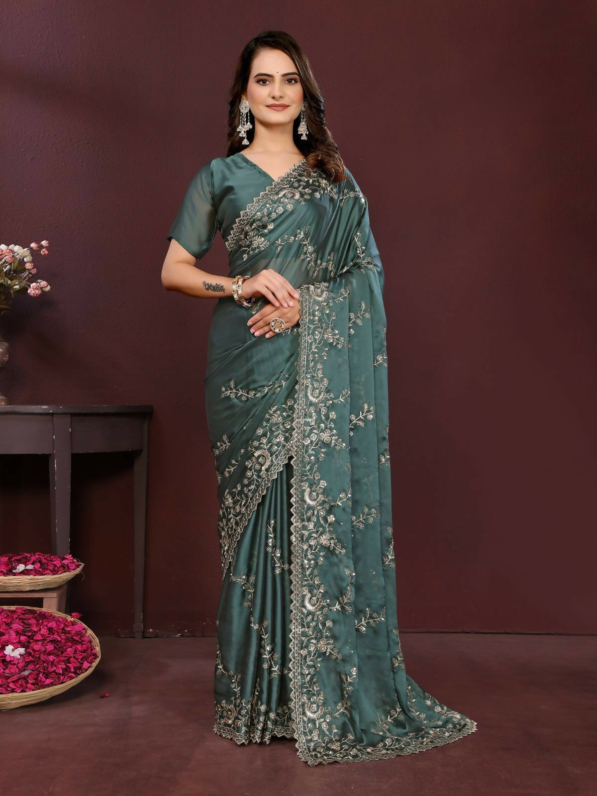Ai Fashion Grey Rangoli Silk Embroidery Party Wear Saree - Distacart