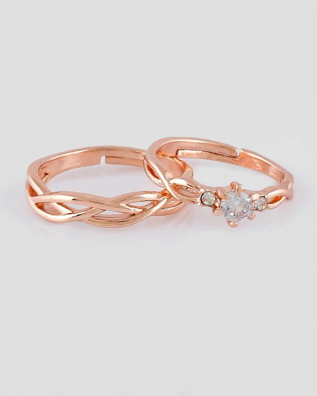 VOJ Stainless Steel Cubic Zirconia Rose Gold-Polished Adjustable Ring Set for Couple