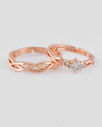 VOJ Stainless Steel Cubic Zirconia Rose Gold-Polished Adjustable Ring Set for Couple