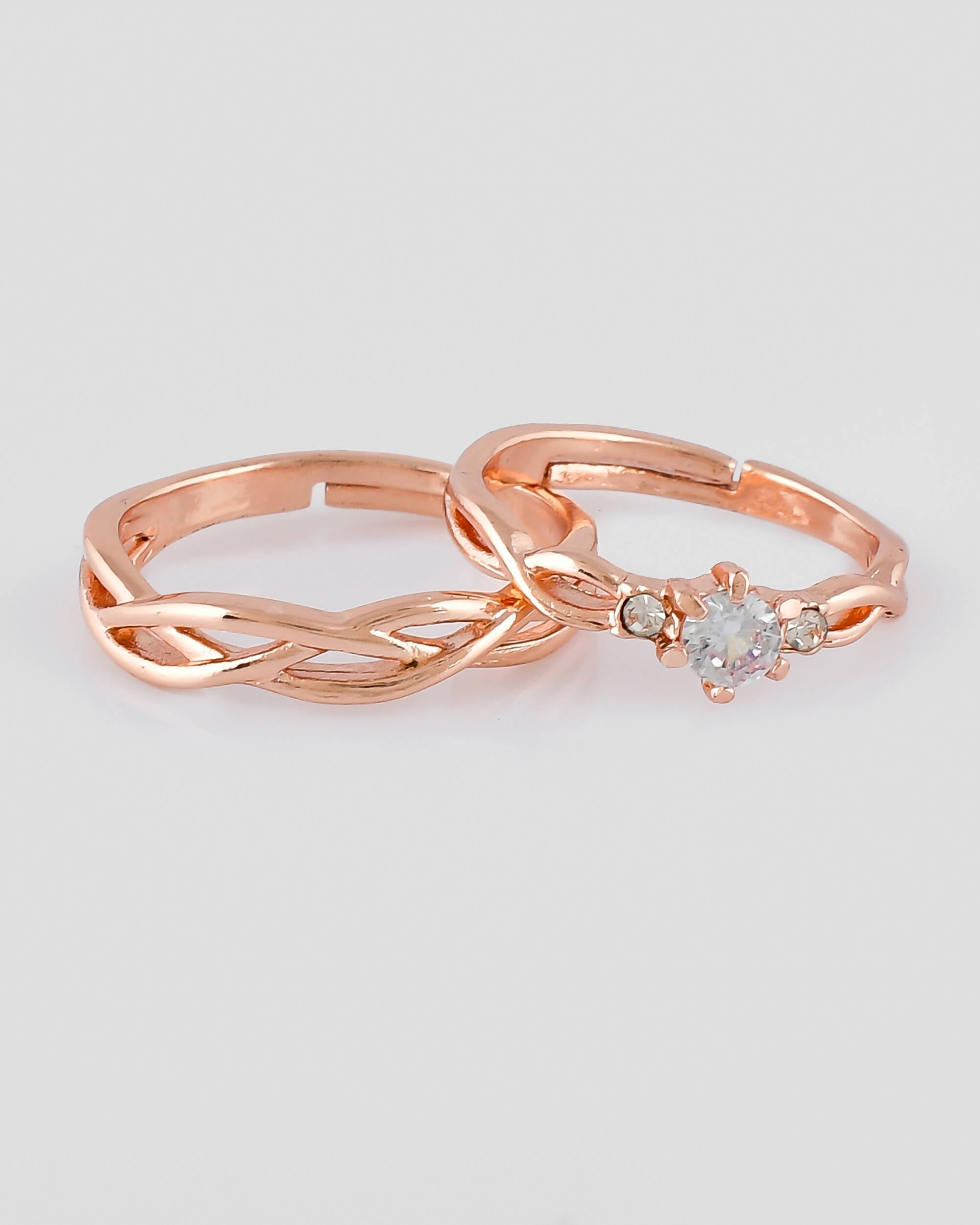 VOJ Stainless Steel Cubic Zirconia Rose Gold-Polished Adjustable Ring Set for Couple
