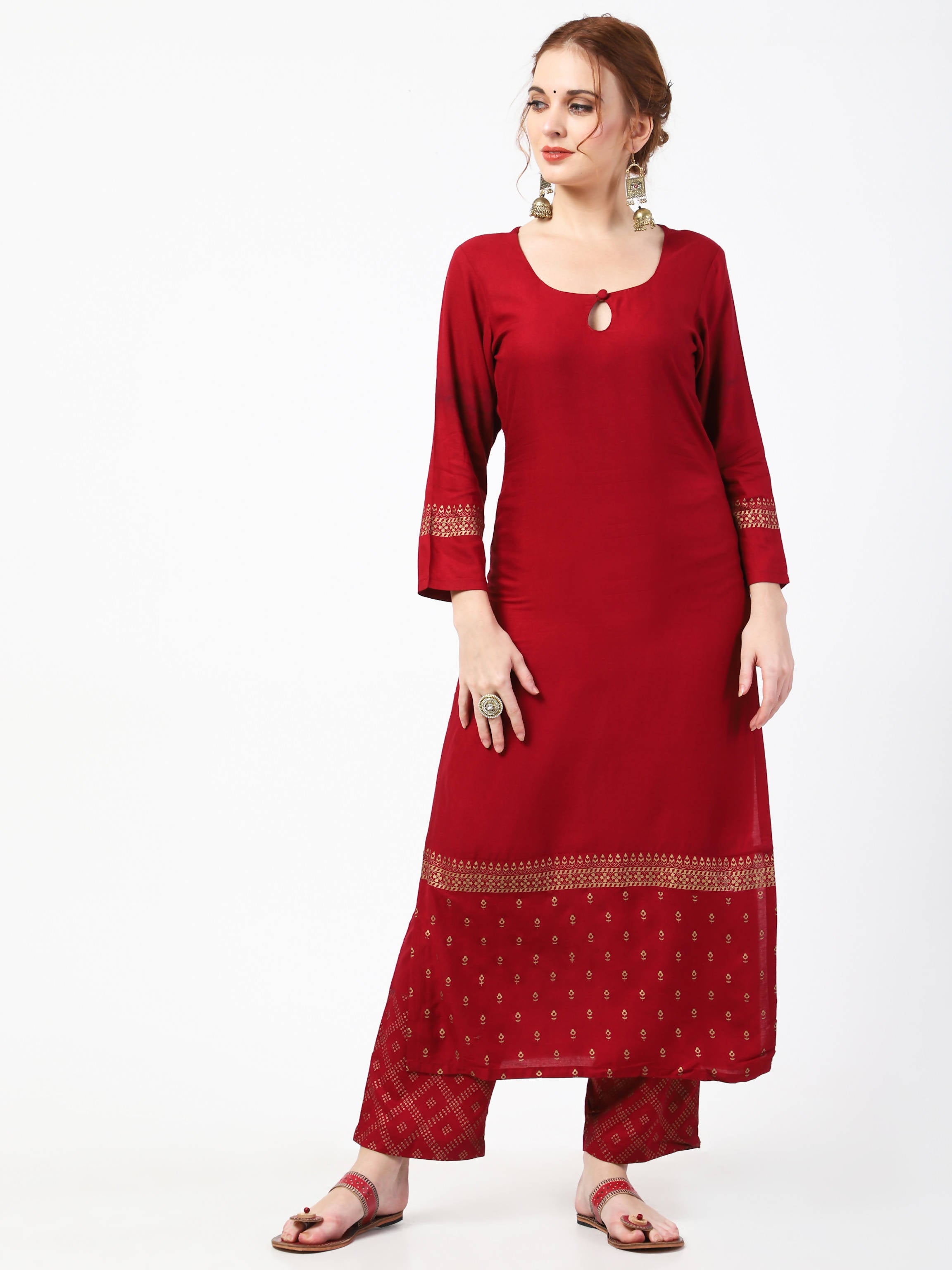 Cheera Gold Printed Maroon Kurta & Palazzo (CH-86KP)
