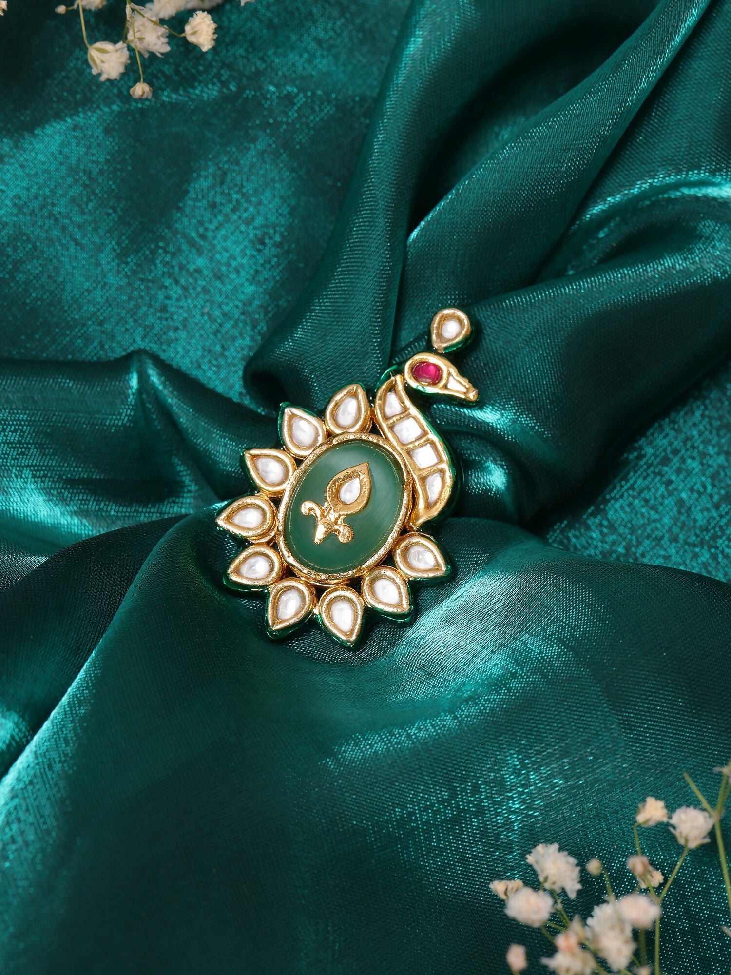 Ruby Raang Gold Polished Green Birdie Kundan Ring
