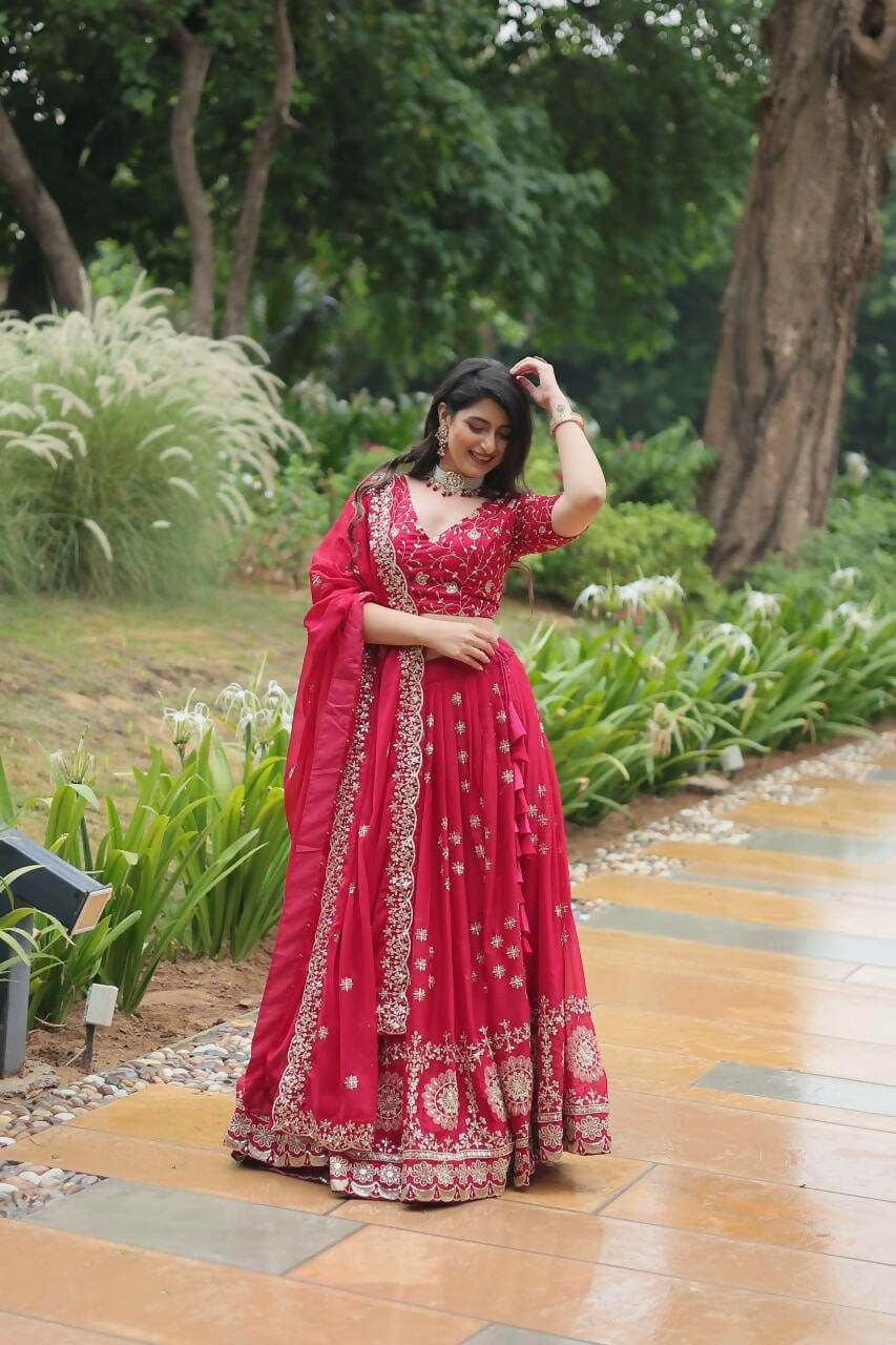 Vastranavya Designer Heavy Sequins & Thread Embroidered work Lehenga Choli - Red