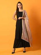 Myshka Women's Black Solid Anarkali Party Kurta Set With Printed Dupatta