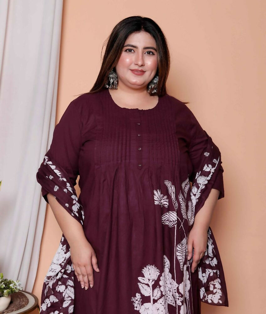 Miravan Womens Plus Size Wine Floral Kurta With Palazzo And Dupatta Set - Distacart