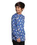 Manet Boys Full Sleeves Flower Printed Ethnic Shirt - Blue