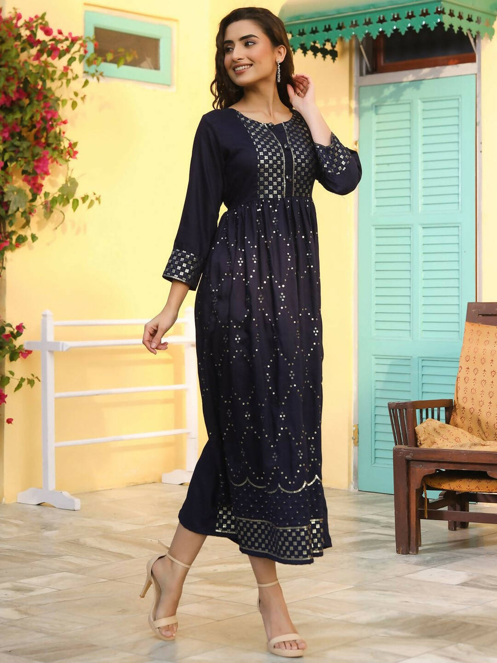 Juniper Women's Navy Festive Embroidered Flared Dress - Distacart