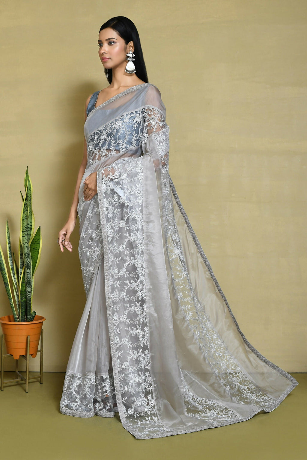 Grey Organza Satin Silk Floral Embroidered Festive Saree - Nimaya Denzy