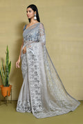 Grey Organza Satin Silk Floral Embroidered Festive Saree - Nimaya Denzy